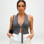 Tailored Halter Crop Top – Deep V with Belt Detail