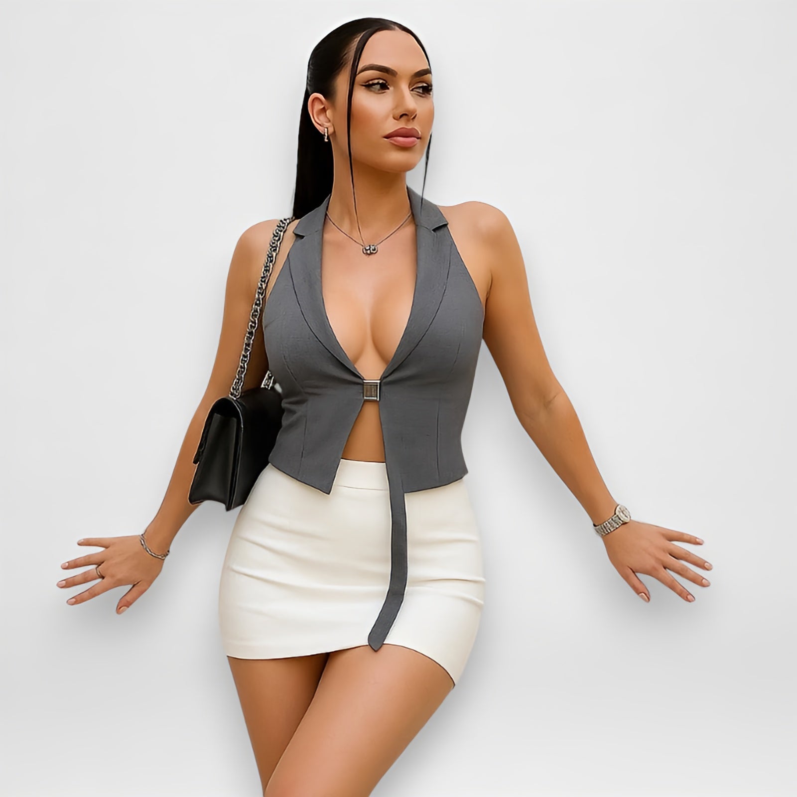 Tailored Halter Crop Top – Deep V with Belt Detail