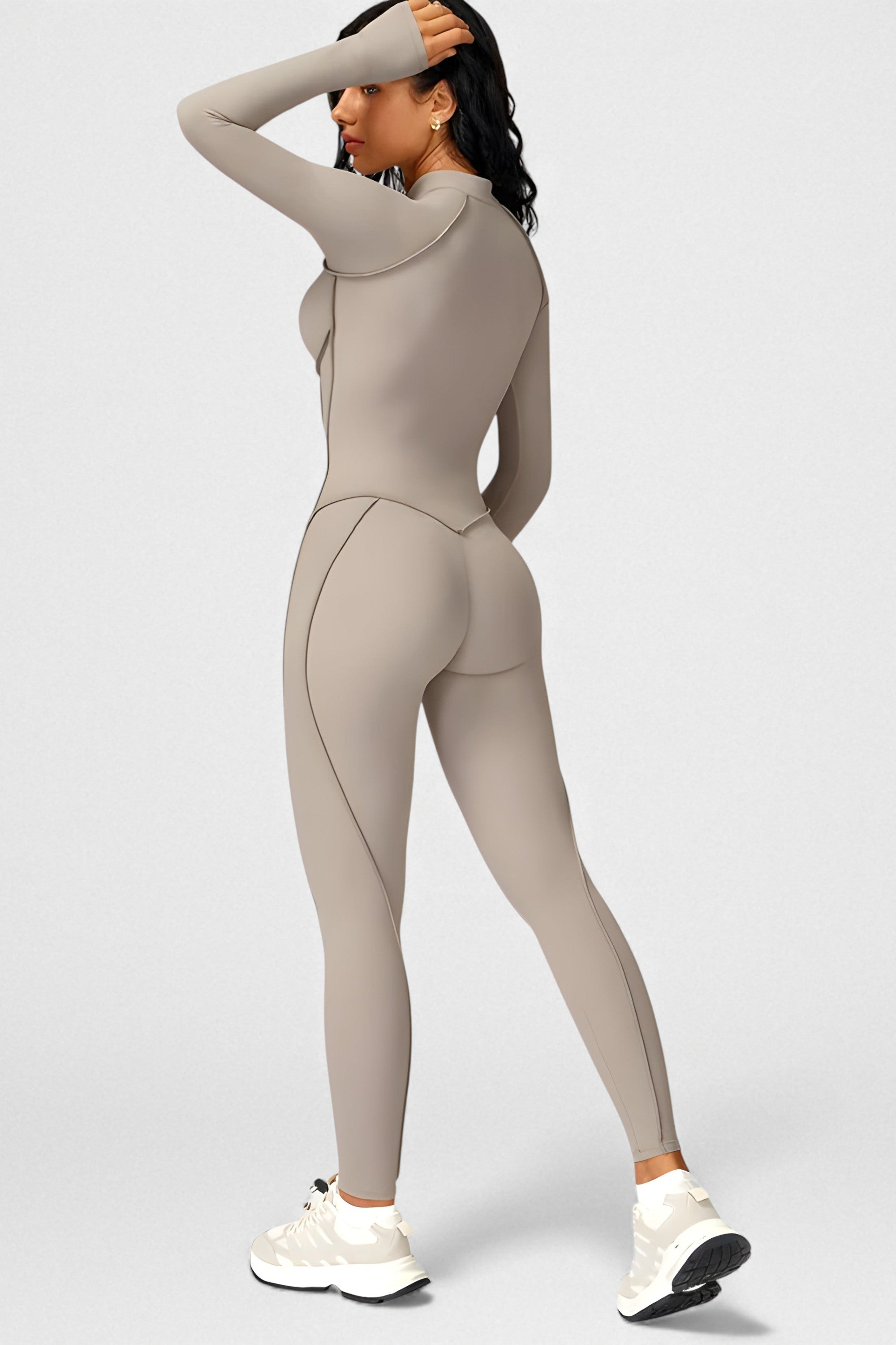 Sculpted Compression Zip-Up Jumpsuit -Beige