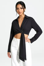 Chemise femme à col V et nœud à boucle – Haut d'automne slim à manches longues