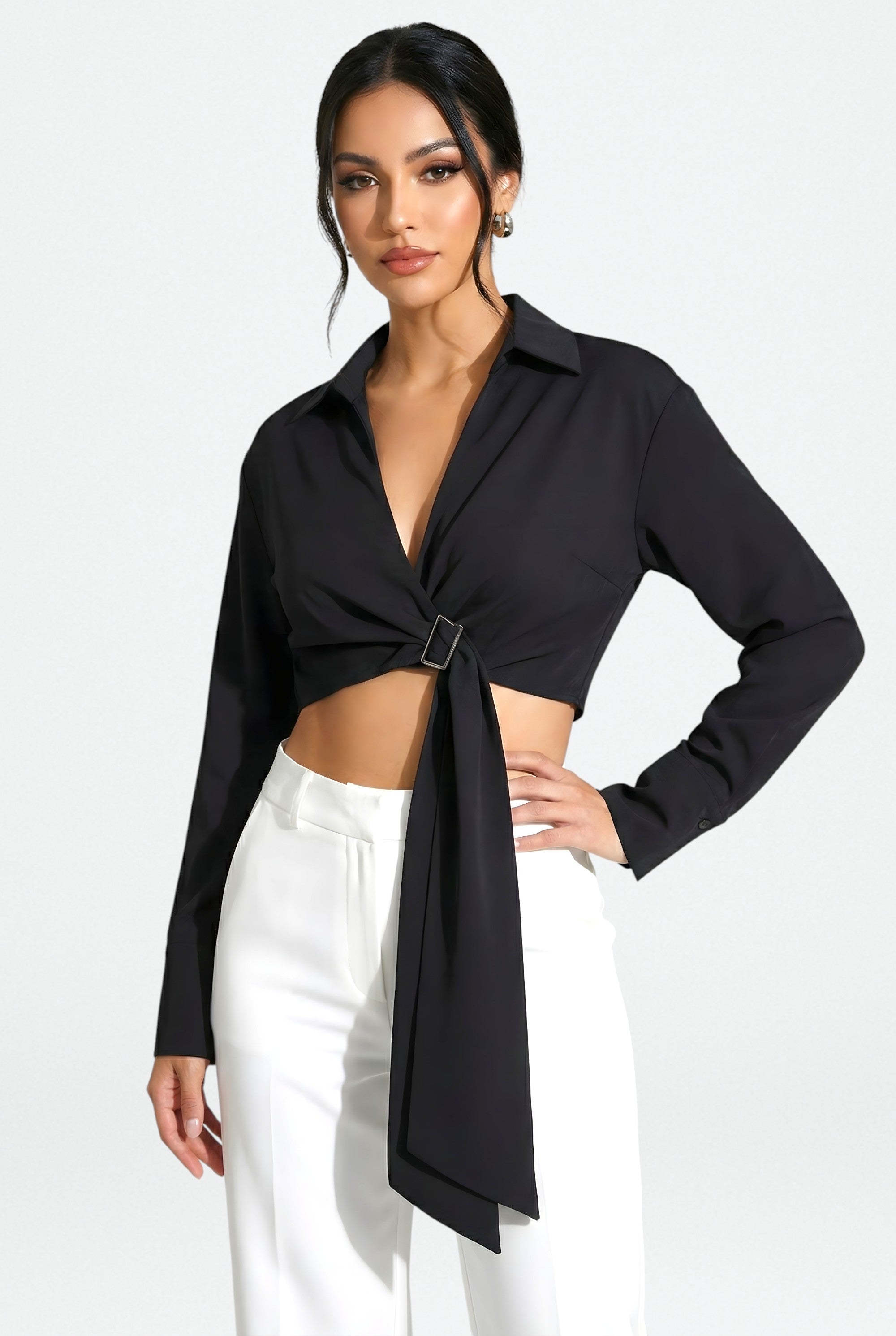 Women's High V-Neck Buckle Knot Shirt  – Slim Fit Long Sleeve Autumn Top