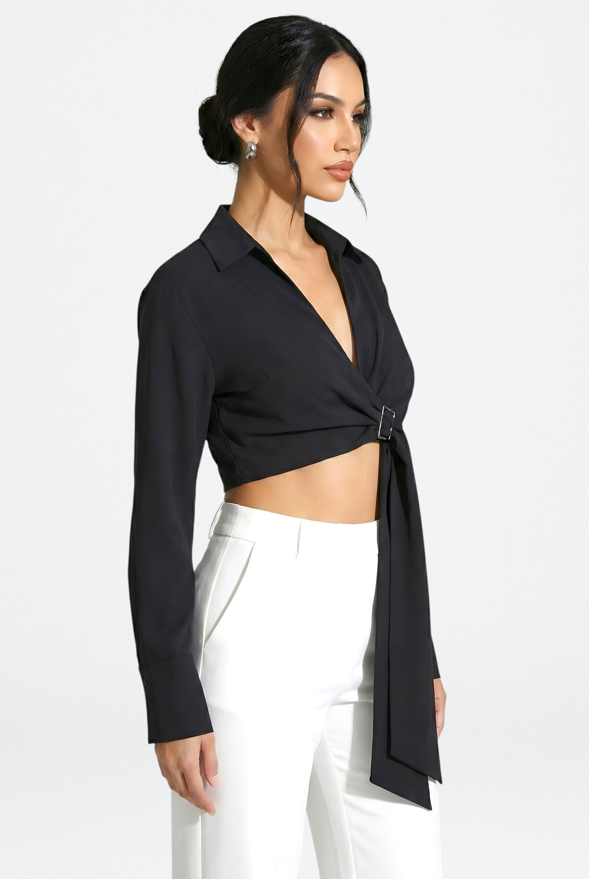 Chemise femme à col V et nœud à boucle – Haut d'automne slim à manches longues