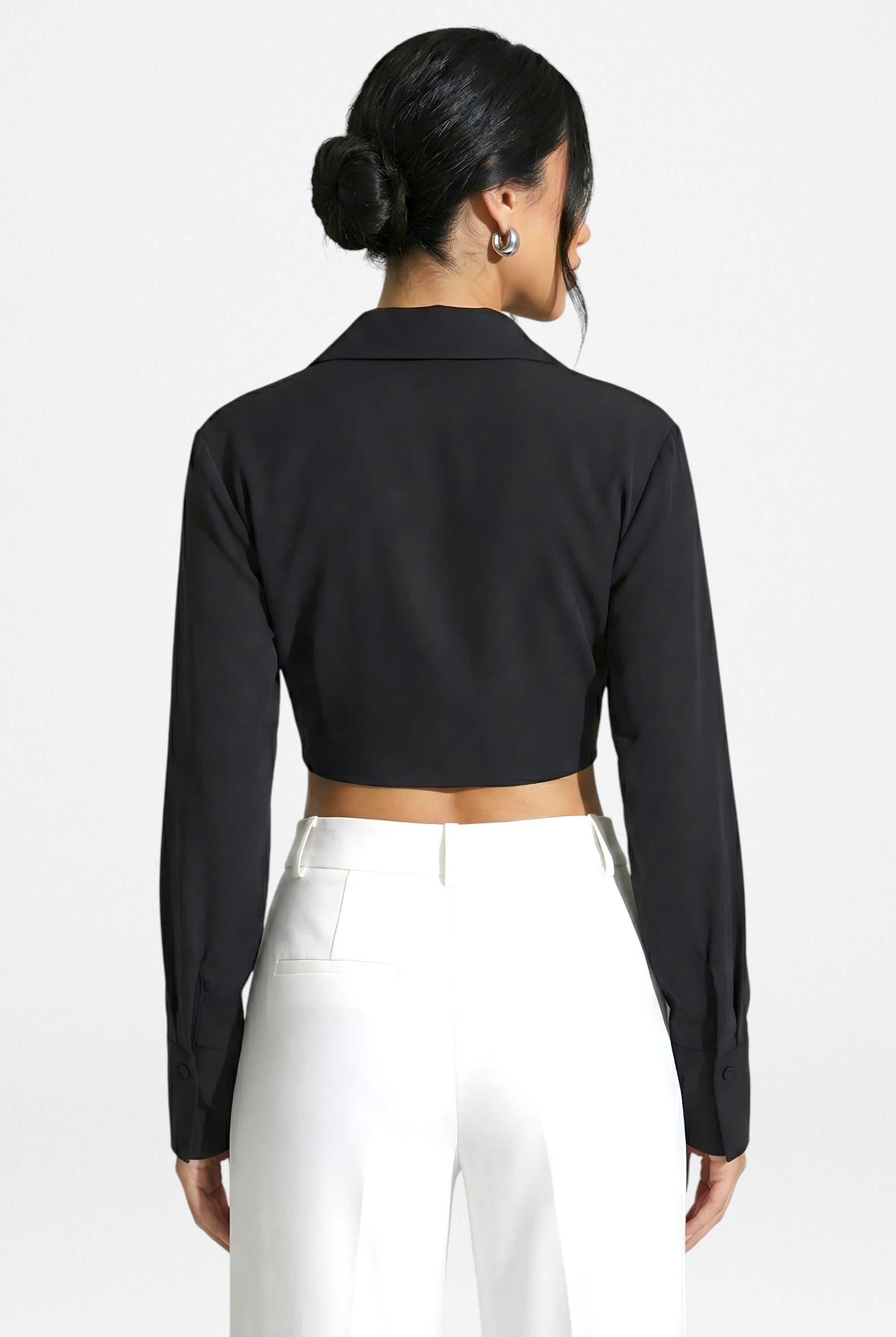 Chemise femme à col V et nœud à boucle – Haut d'automne slim à manches longues