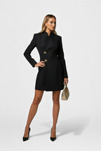 Elegant Waist-Cinching Blazer Mini Dress – Slim Fit V-Neck Office Style