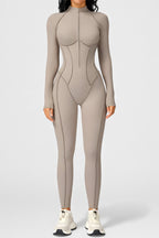 Sculpted Compression Zip-Up Jumpsuit -Beige