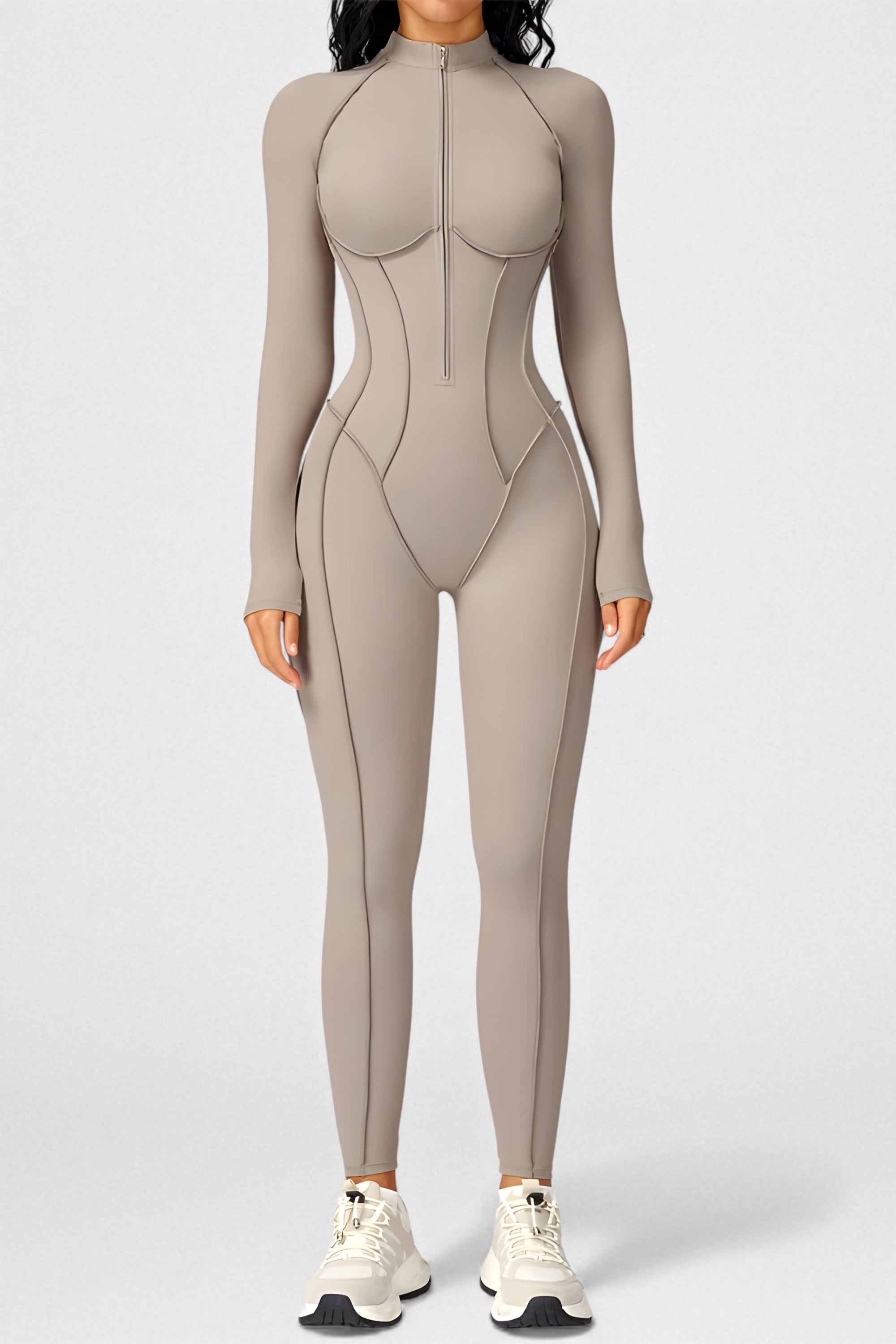 Sculpted Compression Zip-Up Jumpsuit -Beige