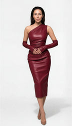 Off-Shoulder PU Leather Midi Dress