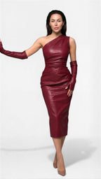 Off-Shoulder PU Leather Midi Dress