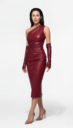 Off-Shoulder PU Leather Midi Dress