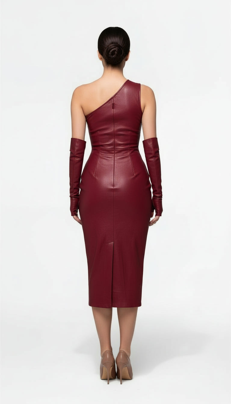 Off-Shoulder PU Leather Midi Dress