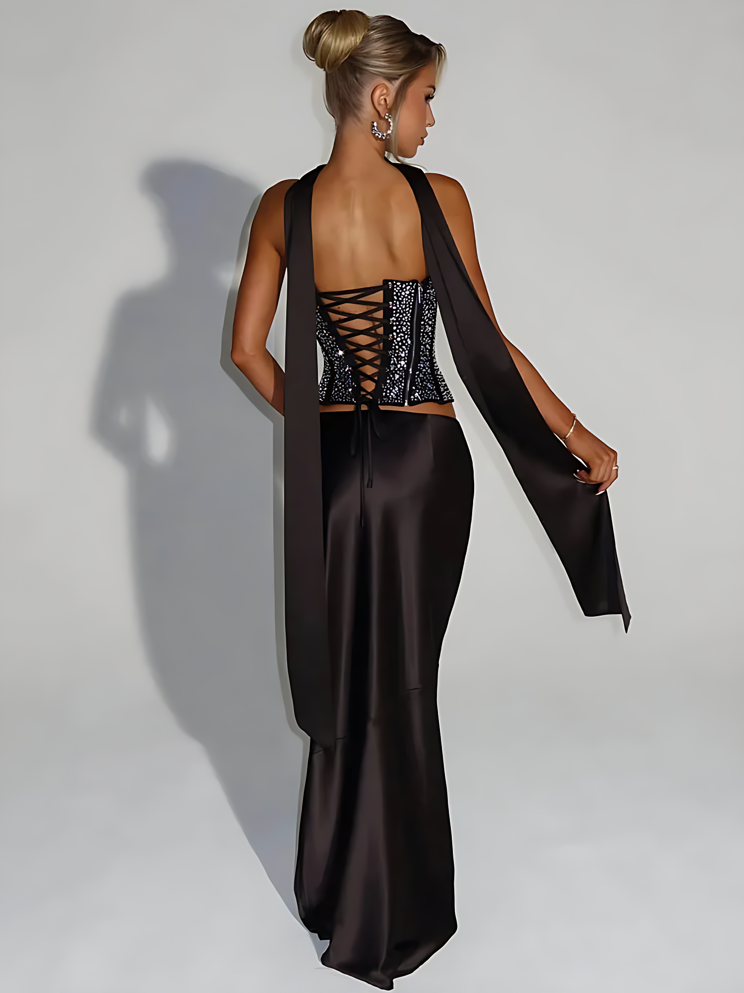 Women's Sequin Crop Top & Satin Maxi Skirt Set