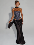 Women's Sequin Crop Top & Satin Maxi Skirt Set