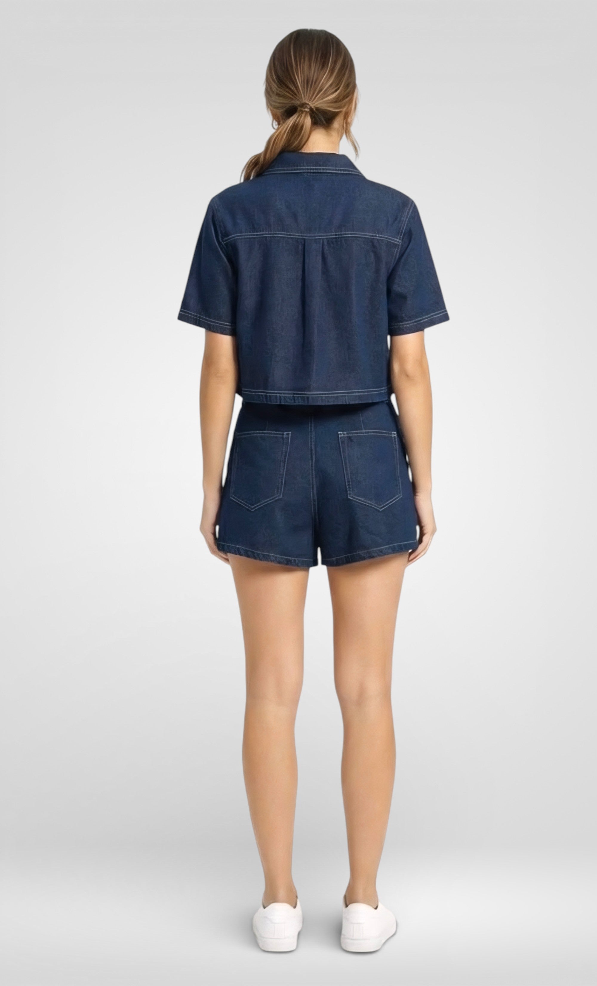 Ensemble chemise en jean col V et mini-jupe pour femme – Tenue décontractée deux pièces à double boutonnage