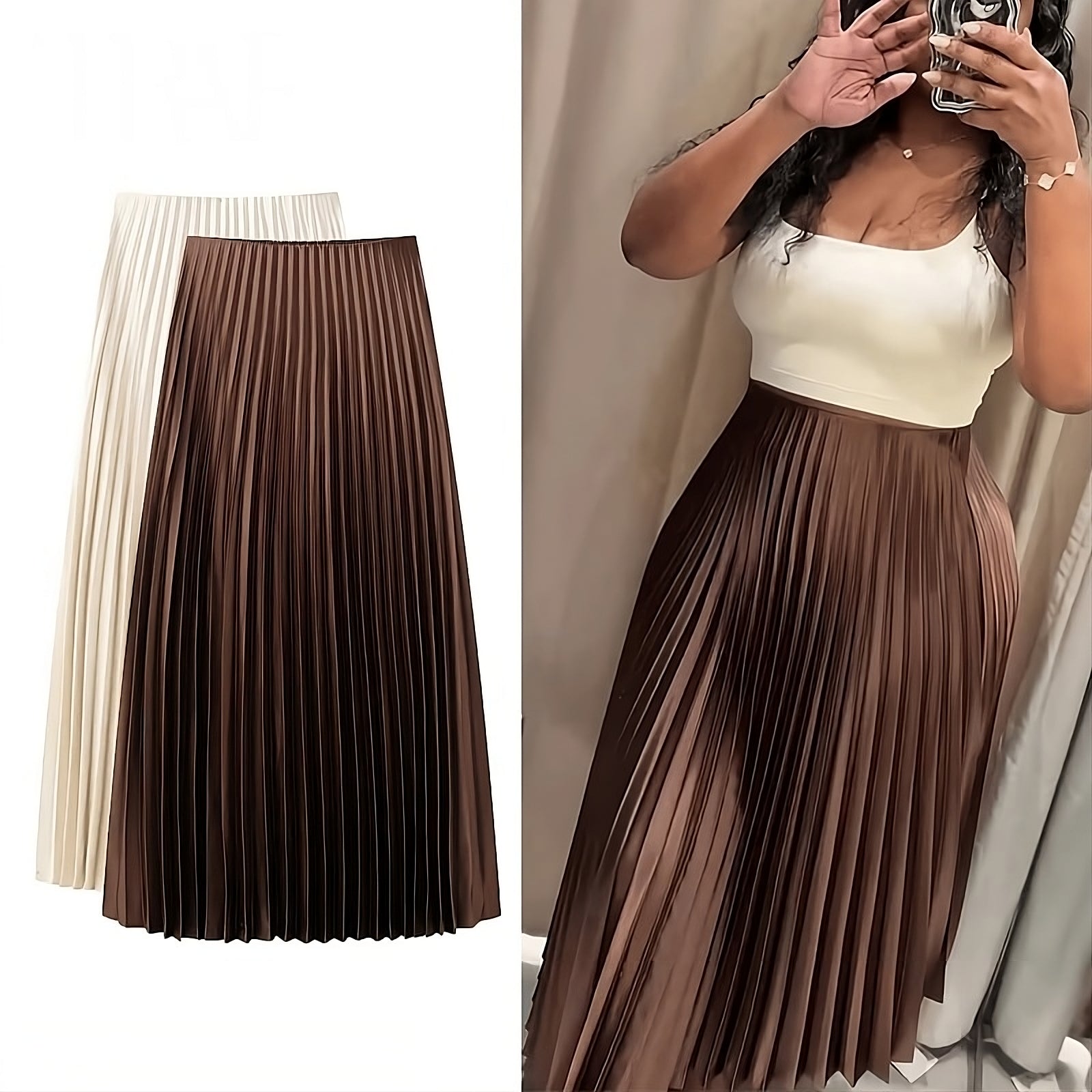 Pleated Elegance Midi Skirt – Flowing High-Waist Design with Subtle Shine