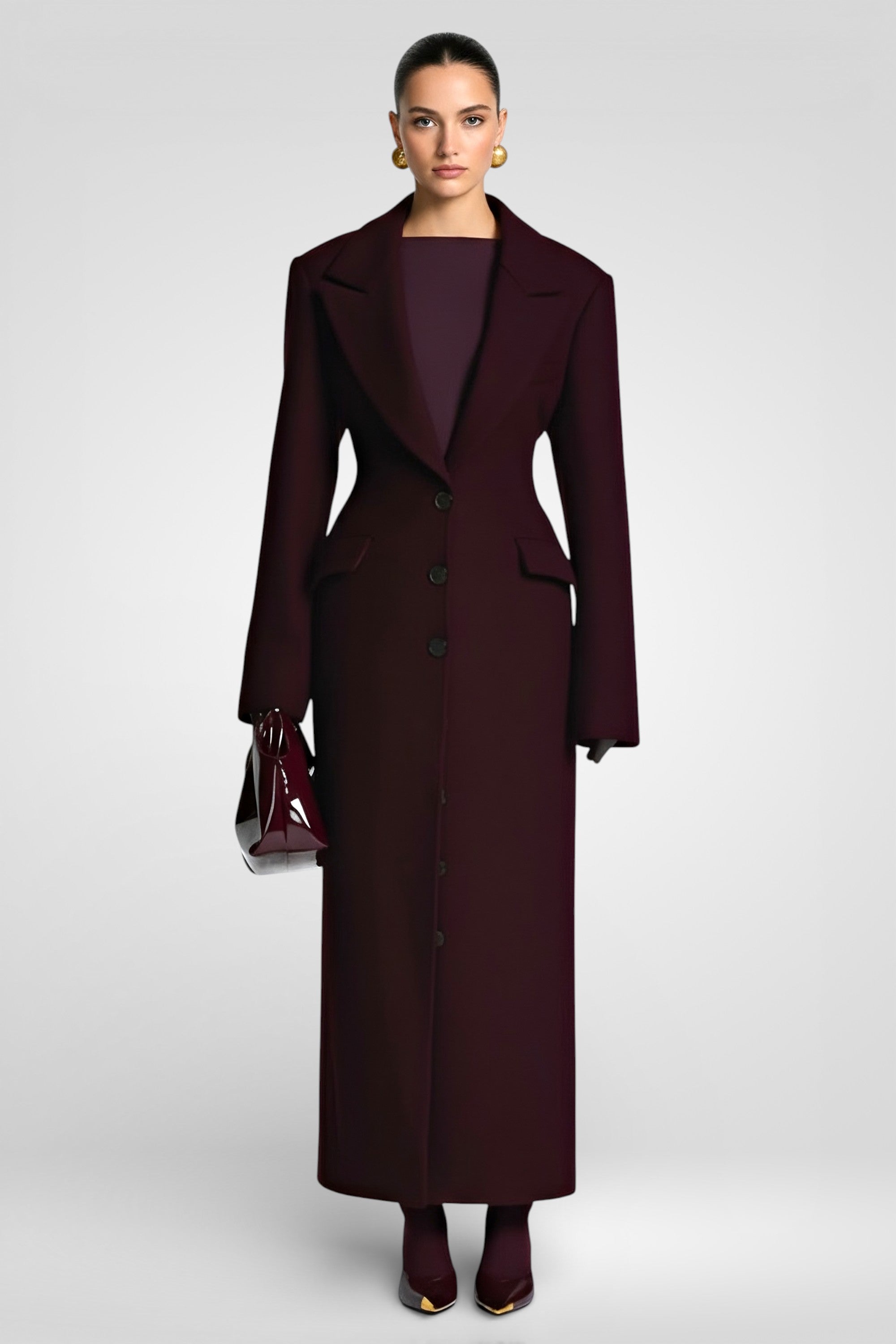 Elegant Wool-Blend Maxi Coat with Belt - Plum