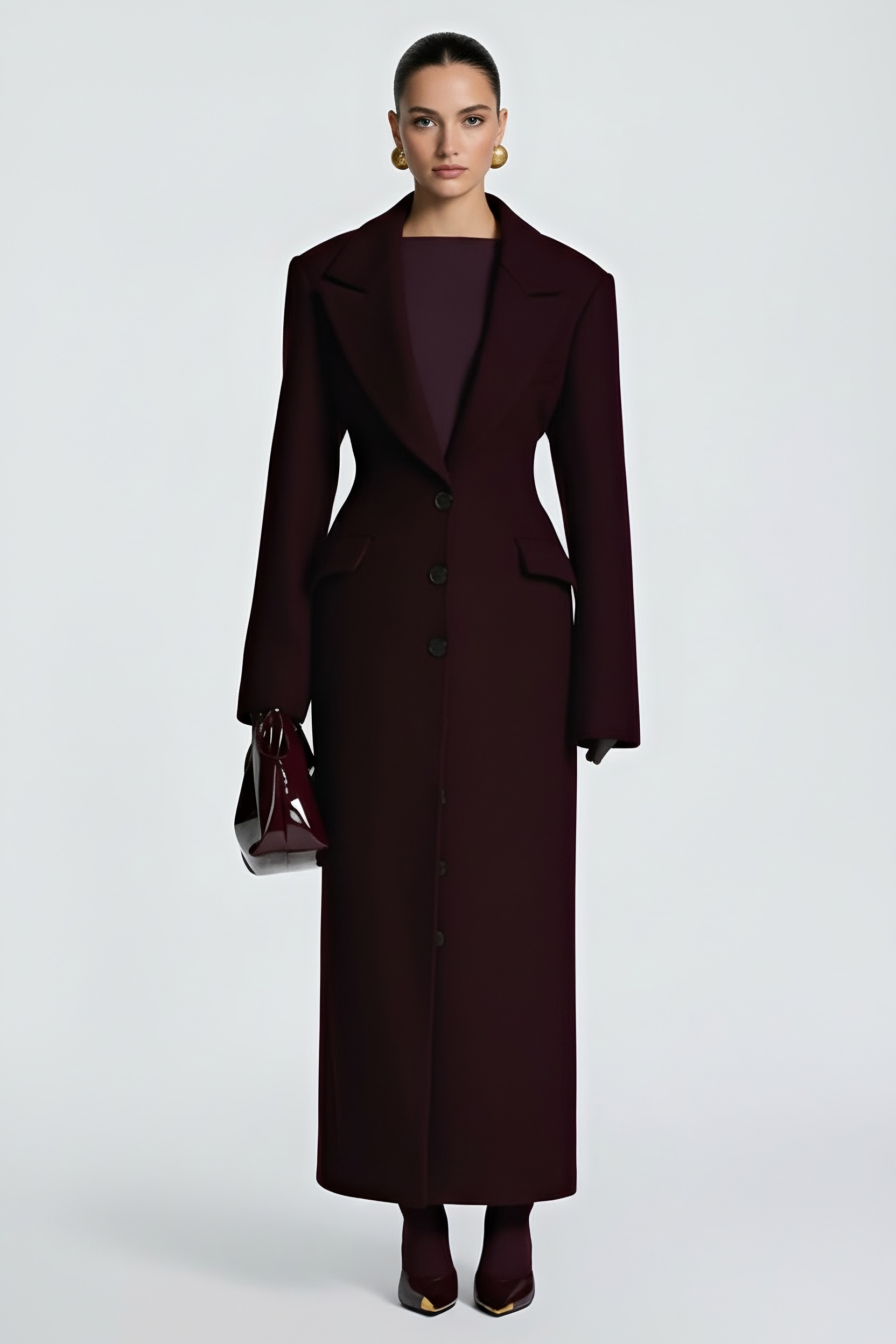 Elegant Wool-Blend Maxi Coat with Belt -Plum