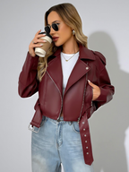 Women's Leather Moto Jacket with Belt – Burgundy Casual Short Coat