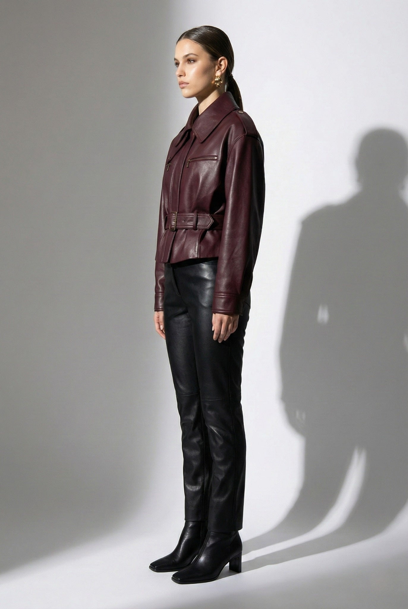 Burgundy PU Leather Buckle Jacket with Cinched Waist & Zip Details