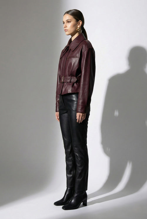 Burgundy PU Leather Buckle Jacket with Cinched Waist & Zip Details