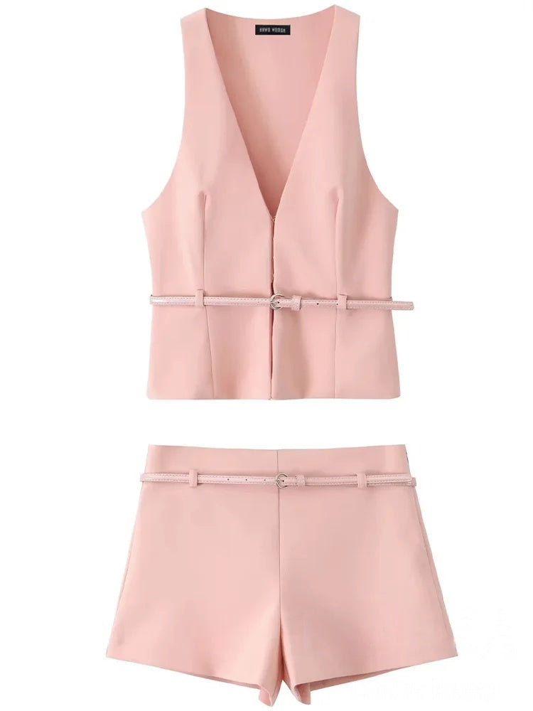 Vintage Chic Sleeveless Blazer & Shorts Set