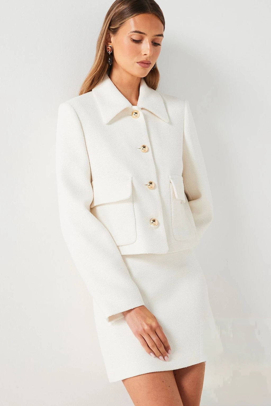 Blouson aviateur court en tweed blanc pour femme – Vêtements d'extérieur de printemps style streetwear universitaire