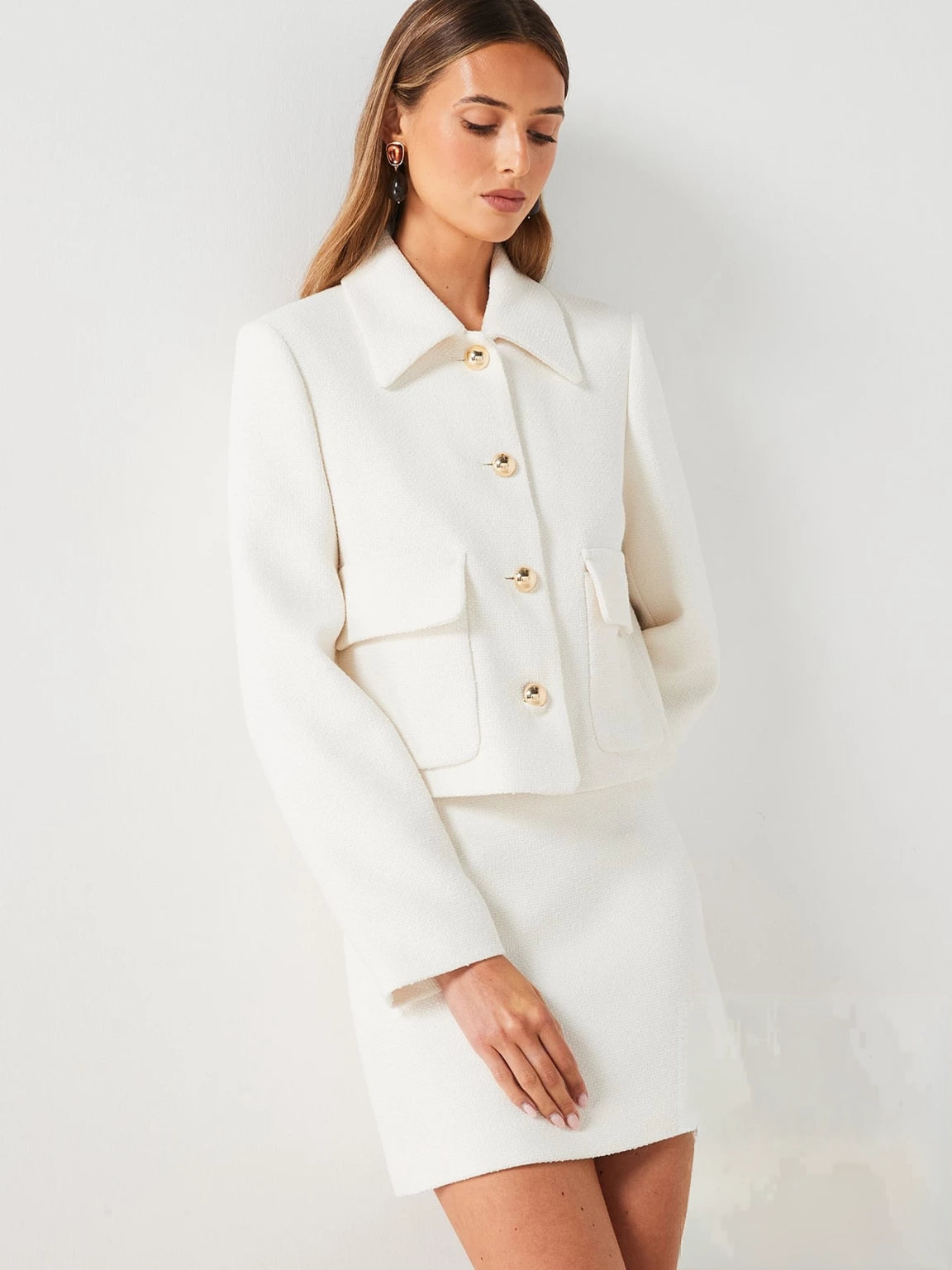 Dámská bílá zkrácená tvídová bomber bunda – streetwear, jarní svrchní oblečení ve stylu Varsity