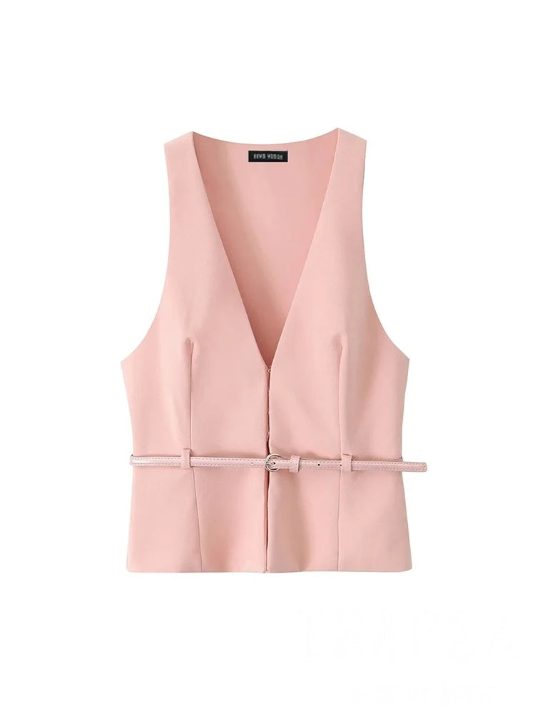 Vintage Chic Sleeveless Blazer & Shorts Set