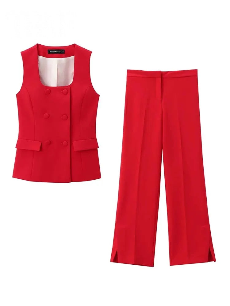 Women's Vintage Two-Piece Suit Set – Sleeveless Vest & Split Straight-Leg Pants | Spring Summer Office Outfit