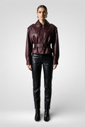 Burgundy PU Leather Buckle Jacket with Cinched Waist & Zip Details